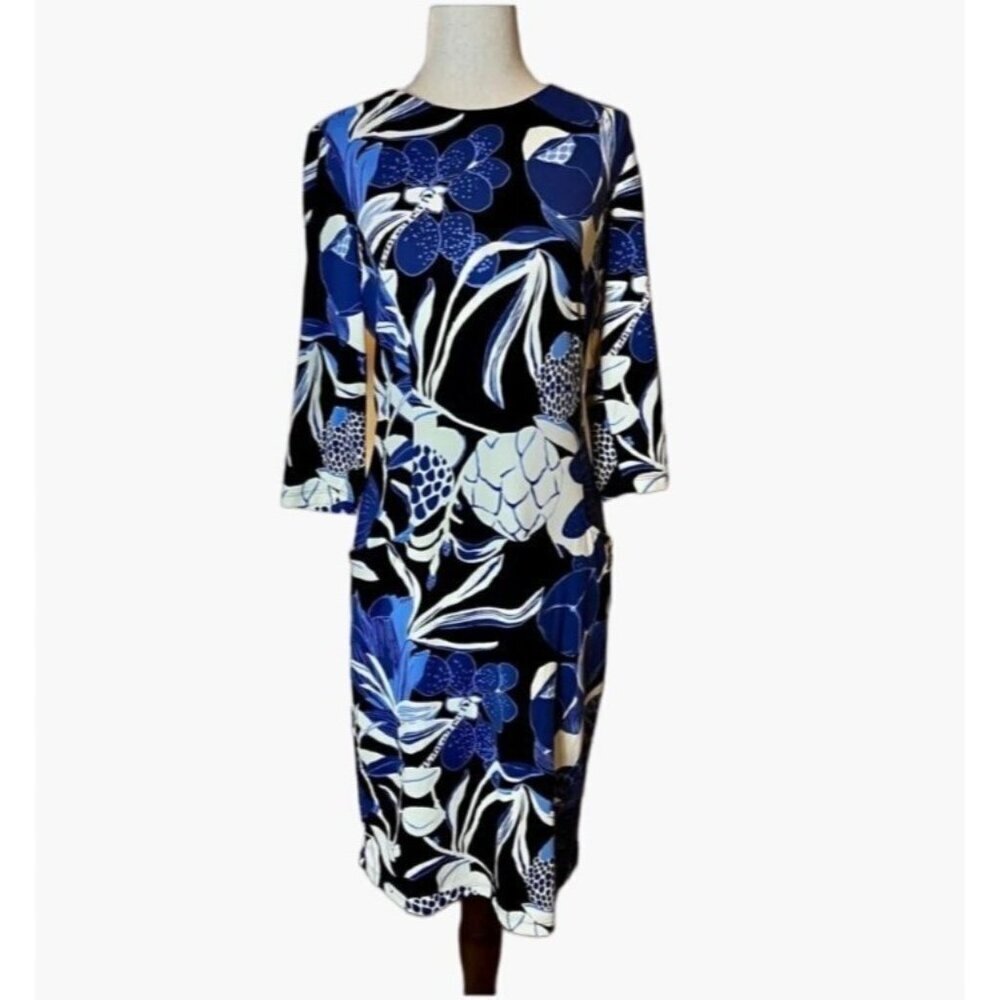J. McLaughlin Dress Size Small Blue Catalina Cloth Large Floral Pattern 3/4 Slee